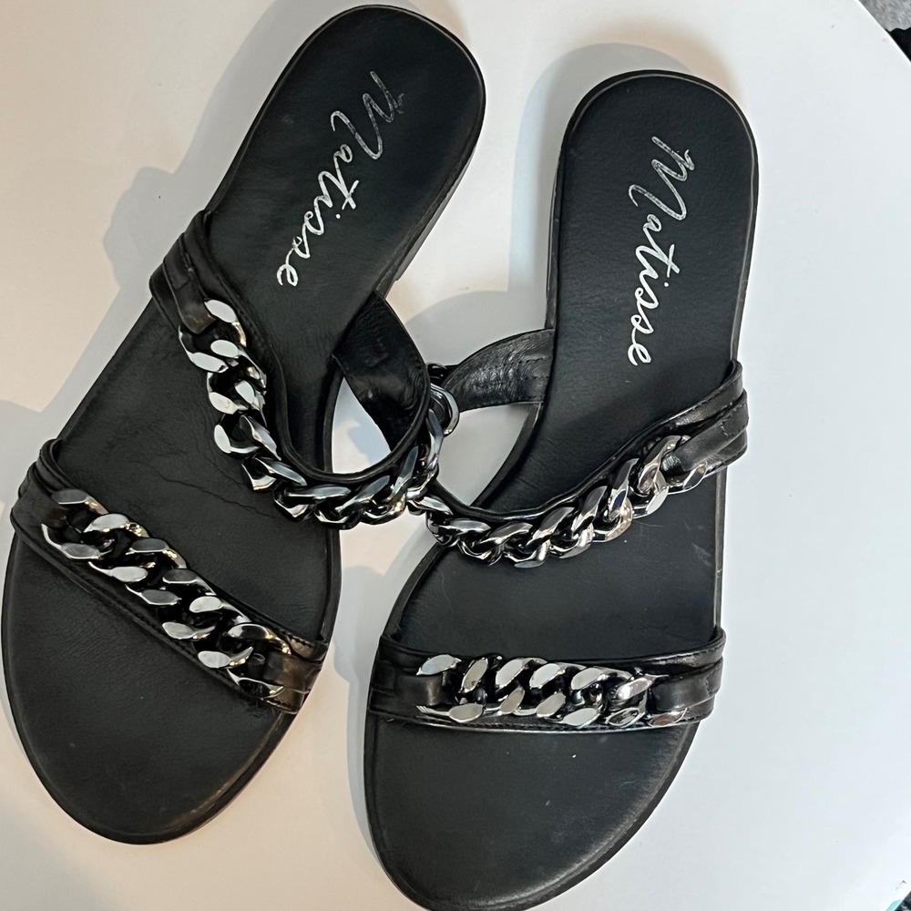 Matisse Reagon Womens Black Leather Silver Chain Link Slide Sandals Size 8M